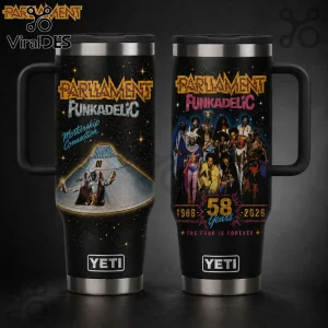 Parliament Funkadelic 58 Years Stanley Tumbler 40oz featuring Mothership graphics, band members, and black steel finish.