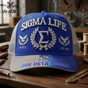 Phi Beta Sigma 1914 Blue White Cap featuring Sigma Life text, a central Sigma symbol in a wreath, and two dove emblems.