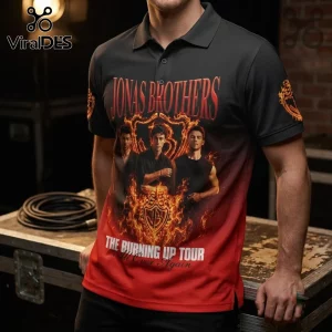Jonas Brothers The Burning Up Tour polo shirt with a black and red gradient flame design featuring the band members portraits.