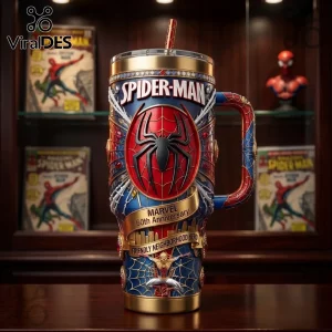 Spider-Man Marvel 64th Anniversary Stanley Tumbler featuring red and blue colors, a central spider logo, and city skyline.