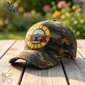 Guns N Roses Camouflage Embroidered Baseball Cap featuring the classic bullet and rose logo on a green woodland print.