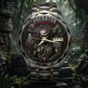 Predator 40th Anniversary Two-Tone Luxury Quartz Watch featuring a 3D jungle scene, Yautja mask, and silver-gold metal links.