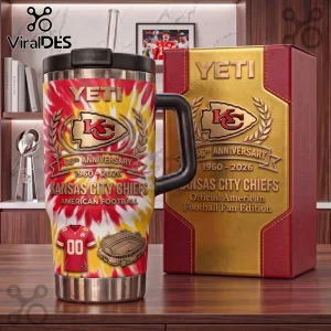 Kansas City Chiefs Tie-Dye 66th Anniversary Stanley Tumbler with gold logo, red and yellow flame pattern, and stadium icon.