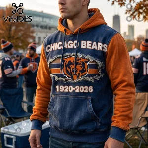 Chicago Bears 1920-2026 Navy Blue Hoodie with an orange hood and a distressed ripped logo graphic on the chest.