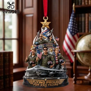 Top Gun Flying Proud 250 Years resin ornament features fighter pilots, a jet, US flags, and a 1776-2026 banner.