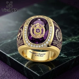 Omega Psi Phi Fraternity Embossed Ring with a central purple stone, gold crest, and encrusted diamond-like accents.