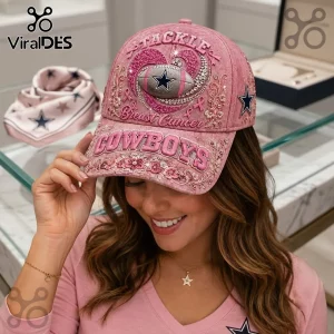 Dallas Cowboys Breast Cancer Awareness pink cap with embroidered Tackle Breast Cancer text, rhinestones, and team star logo.