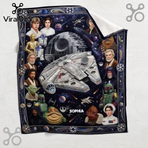 Star Wars Personalized Custom Name Soft Fleece Blanket featuring Millennium Falcon, Death Star, and character illustrations.
