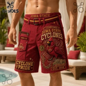 Iowa State Cyclones red cargo shorts with cardinal mascot graphic, Jack Trice Stadium print, and Ames, IA branding.