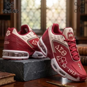 Delta Sigma Theta Red Edition Air Max Plus sneakers featuring crimson panels, Greek lettering, and white Air Max soles.