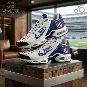 New York Giants Custom Name Max Plus Sneakers featuring white and blue team colors, Giants logo, and personalized text area.