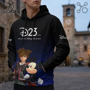 Disney x Kingdom Hearts Sora Sorcerer Mickey hoodie featuring a black-to-blue gradient and D23 2026 event branding.