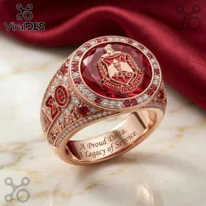 Delta Sigma Theta Gold Ruby Engraved Ring featuring a large red gemstone, Greek letters, and diamond accents on gold band.