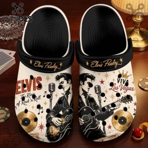 Elvis Presley Viva Las Vegas Crocs Clogs featuring a black and white graphic of the singer playing guitar on white foam.