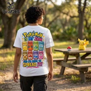 Pokemon Mixed Characters White Cotton T-Shirt featuring colorful jars with cartoon monsters on the back, worn outdoors.