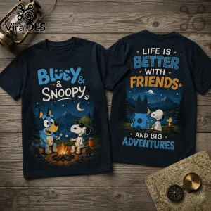 Bluey x Snoopy Camping Navy Blue T-Shirt front and back views featuring cartoon characters by a campfire at night.
