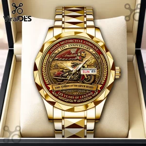 Indian Motorcycle 125th Anniversary Gold Tone Quartz Watch features a detailed motorcycle dial, sun-day display, and link band.