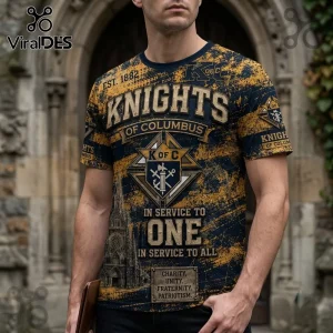 NRL Knights of Columbus Patriotic Knight T-Shirt with navy and gold grunge print, featuring the K of C emblem and motto.