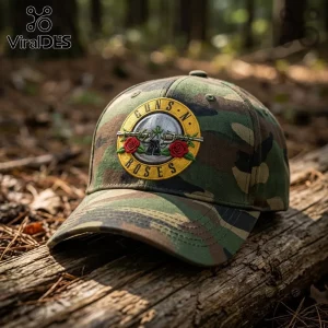 Guns N Roses Camouflage Embroidered Baseball Cap sitting on a weathered log with a forest background.