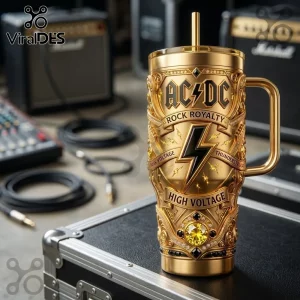 AC/DC Rock Royalty Engraved 40oz Stanley Tumbler in metallic gold with lightning bolt detailing and ornamental accents.