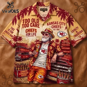 Kansas City Chiefs Too Old To Care Hawaiian shirt featuring palm trees, a bearded man, and team branding in red and gold.