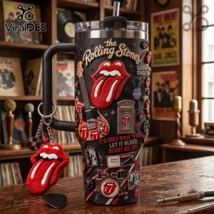 Premium The Rolling Stones 40oz Stanley Tumbler in matte black featuring iconic tongue logos, guitars, and song lyrics.