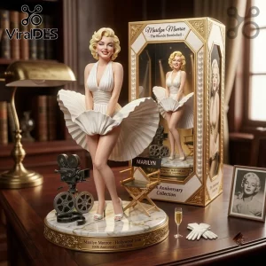 Marilyn Monroe Blonde Bombshell Hollywood Collectible Figure standing in a white dress on a gold-rimmed marble base.