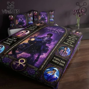 Prince Purple Rain Glow Duvet Bedding Set featuring iconic motorcycle imagery, lyrics, and stained glass gothic motifs.