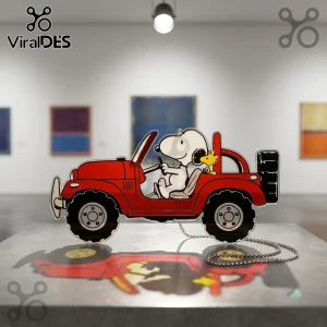 Snoopy and Woodstock Driving Car Acrylic Plaque featuring the characters in a bright red off-road vehicle.