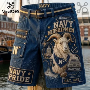 Navy Midshipmen Mascot Casual Shorts in dark denim with a goat graphic, gold text, embroidered nautical motifs, and belt.