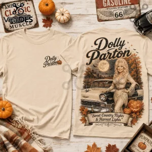 Dolly Parton Sweet Country Nights T-Shirt featuring a vintage car, autumn leaves, and pumpkins on a sand-colored shirt.
