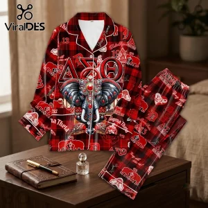Delta Sigma Theta Red Plaid Elephant Pajama Set featuring Greek letters and ornate elephant graphics on button-down fabric.
