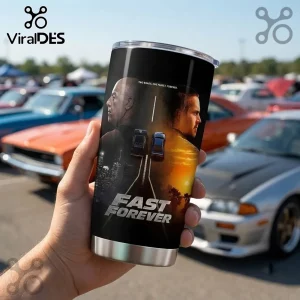 Fast and Furious 25th Anniversary Stainless Steel Tumbler featuring Dominic Toretto and Brian O'Conner faces.