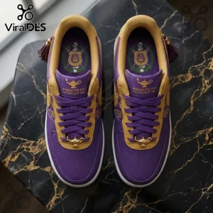 Omega Psi Phi Fraternity Air Force 1 shoes in purple and gold leather featuring gold lamp lace dubraes and crest insoles.