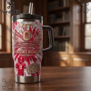Ohio State Buckeyes 156th Anniversary Stanley Tumbler with red tie-dye pattern, school branding, and stadium graphics.