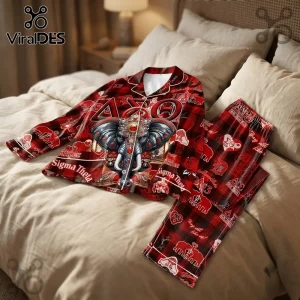 Delta Sigma Theta Red Plaid Elephant Pajama Set featuring Greek letters and ornate elephant graphics on a bedroom background.