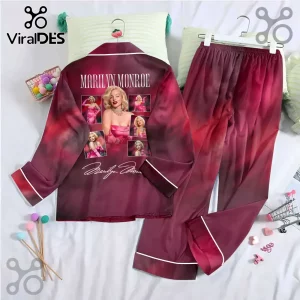Marilyn Monroe 100th Anniversary Burgundy Satin Pajama Set featuring multiple photographic prints and signature.