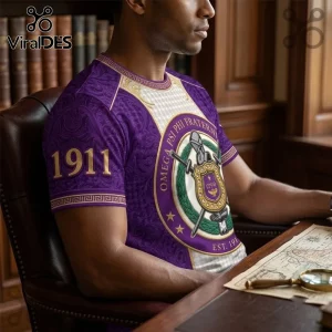 Omega Psi Phi Fraternity Purple Crest T-Shirt featuring a central shield emblem, Greek key trim, and 1911 text on sleeve.