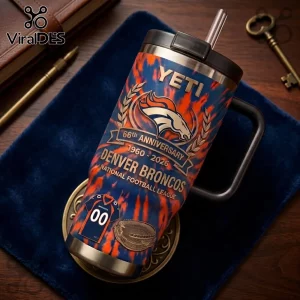 Denver Broncos 66th Anniversary 40oz Stanley Tumbler featuring team logo, stadium graphic, and blue and orange swirl pattern.