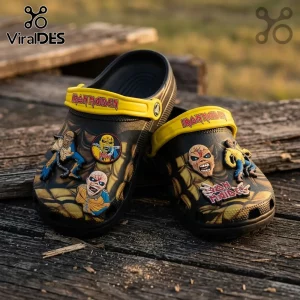 Iron Maiden Eddie Mascot Crocs Clogs Shoes featuring black and yellow patterns with iconic Eddie character charms.