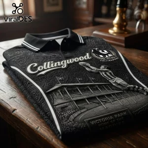 Collingwood FC Magpies Heritage Black Polo Shirt with embossed Victoria Park stadium graphic and club emblem details.