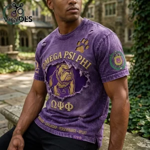 Omega Psi Phi Fraternity Mascot Distressed Shirt in purple with gold bulldog graphic, frayed texture, and Greek lettering.
