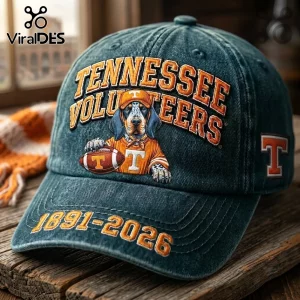 Tennessee Volunteers Mascot Navy Denim Baseball Cap with embroidered mascot, football, and 1891-2026 lettering on brim.
