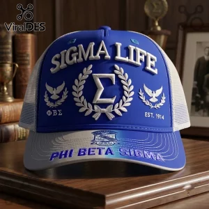 Phi Beta Sigma 1914 Blue White Cap featuring Sigma Life text, Greek letters, dove emblems, and a white mesh back panel.