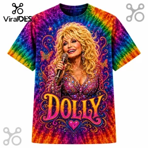 Dolly Parton Queen of Country Premium Shirt featuring a portrait of Dolly singing over a vibrant rainbow tie-dye pattern.