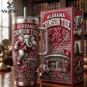 Alabama Crimson Tide NCAA Elephant 40oz tumbler with stainless steel handle, mascot graphic, and matching gift box.