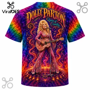 Dolly Parton Queen of Country Premium Shirt featuring a colorful tie-dye backdrop, sparkling guitar, and music note motifs.