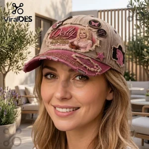 Dolly Parton Thank You For The Memories Distressed Baseball Cap in tan with pink floral details and vintage photo print.
