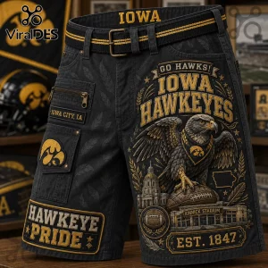 Iowa Hawkeyes Kinnick Stadium casual shorts in charcoal featuring a graphic of a hawk, football, and stadium iconography.