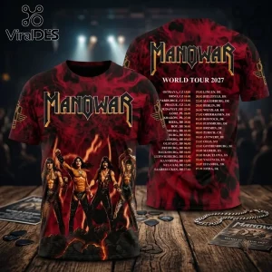 Manowar 2027 World Tour Red Flame Hoodie featuring band members on front and tour dates printed on the back.